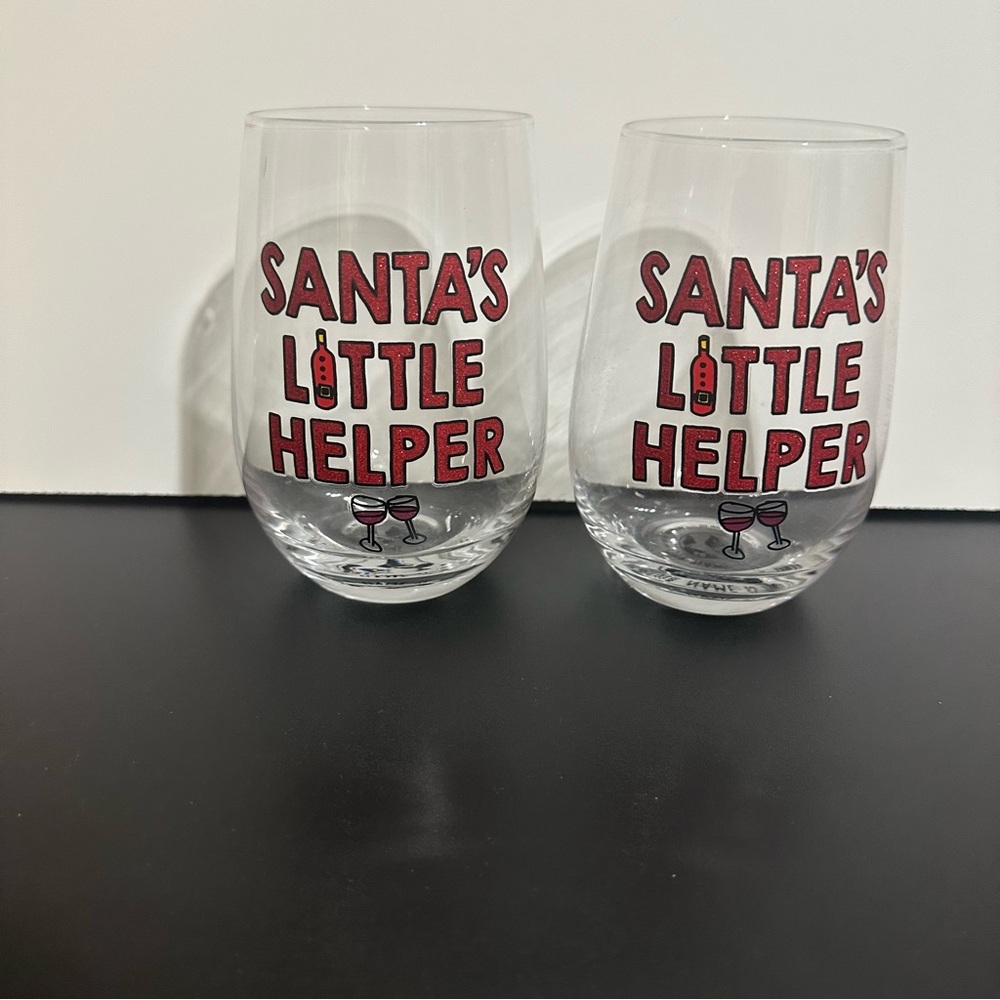 "SANTA'S LITTLE HELPER" Glitter Stemless Wine Glass/SET OF 2/Enesco